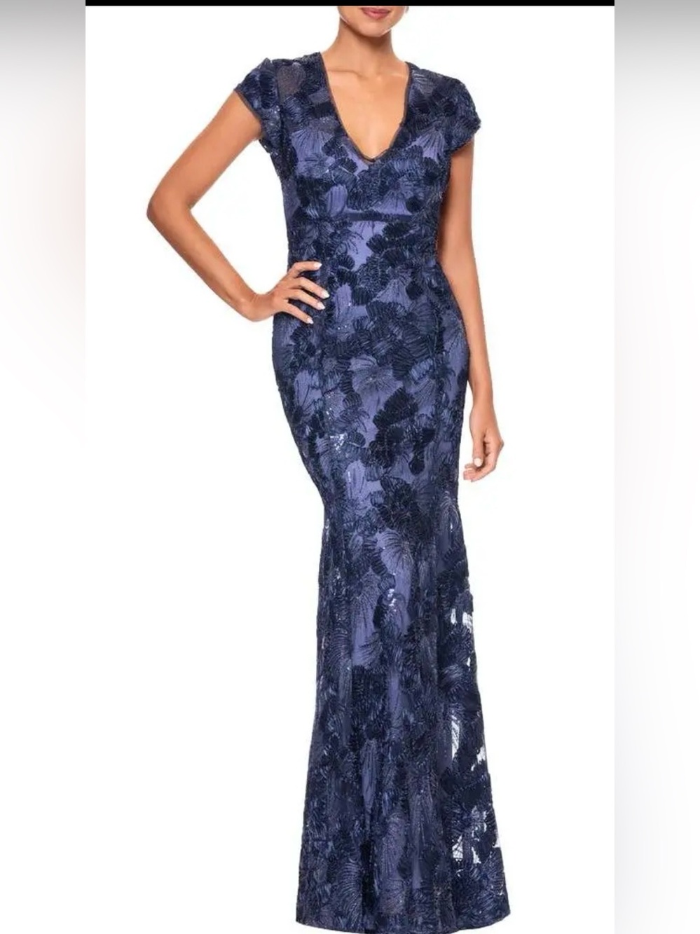 Betsy Adam A26935 Flower Embroidered Cap Sleeve Gown SZ 8 ($309) Navy blue